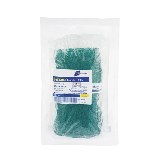 BeeSana® Bauchtuch, RöKo, doppelt steril, 6-fach, 45 x 45 cm, grün, 2 Stk, mit Schlaufe