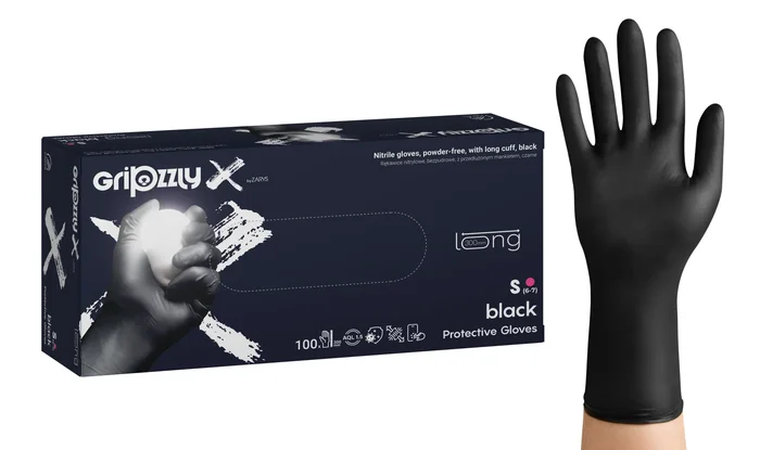 Gripzzly_X Nitrile gloves, pf, extended cuff, black, S