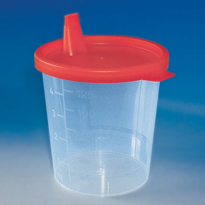 Urinbecher 125 ml mit Schnappdeckel, rot im Karton